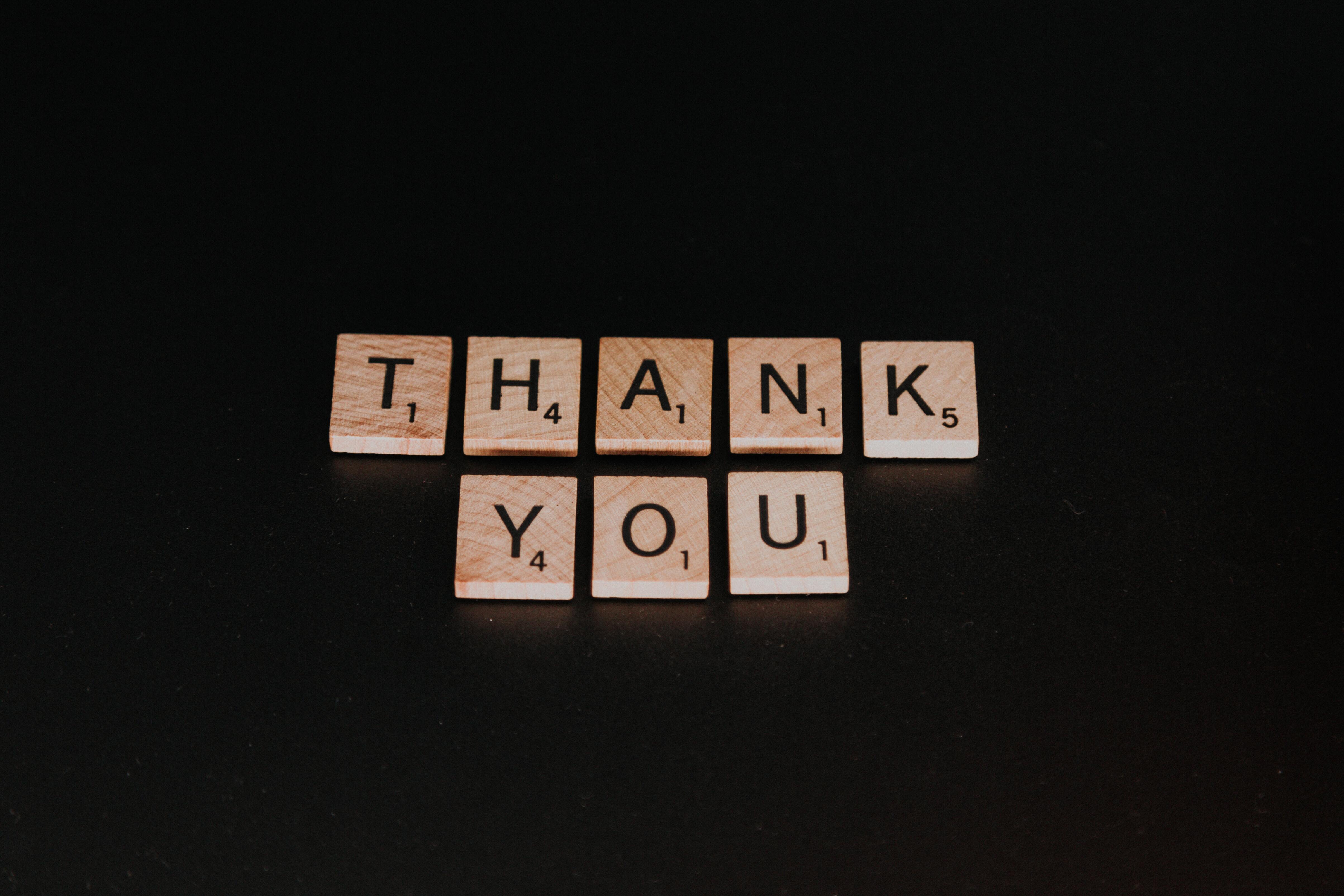 Thank you written in scrabble letters